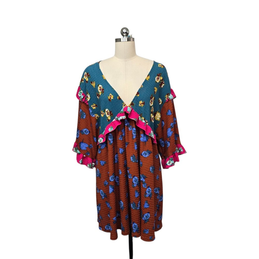 Anthropologie Mixed Floral Ruffle Open Back Mini‎ Dress Teal Rust Pink Size Med